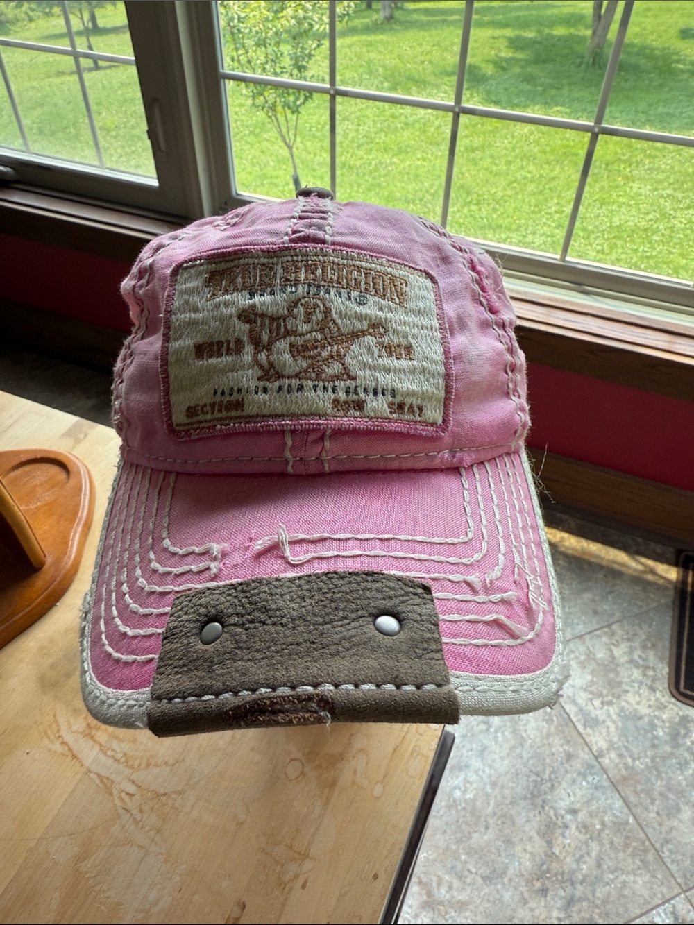 True Religion Pink Distressed Logo Patch Baseball Cap